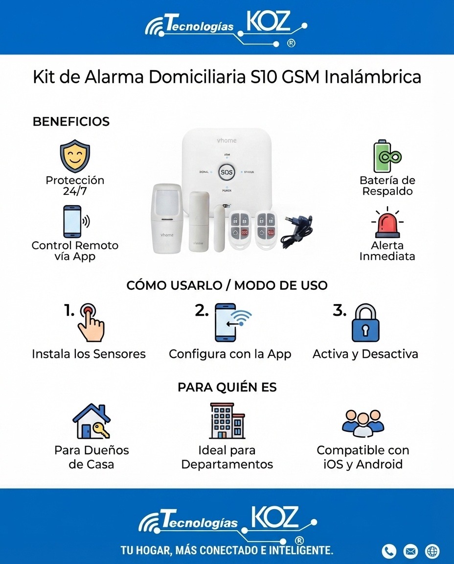 Kit de Alarma Domiciliaria S10 GSM Inalámbrica • Alerta al Celular • Con Sensores y Sirena - Imagen 4